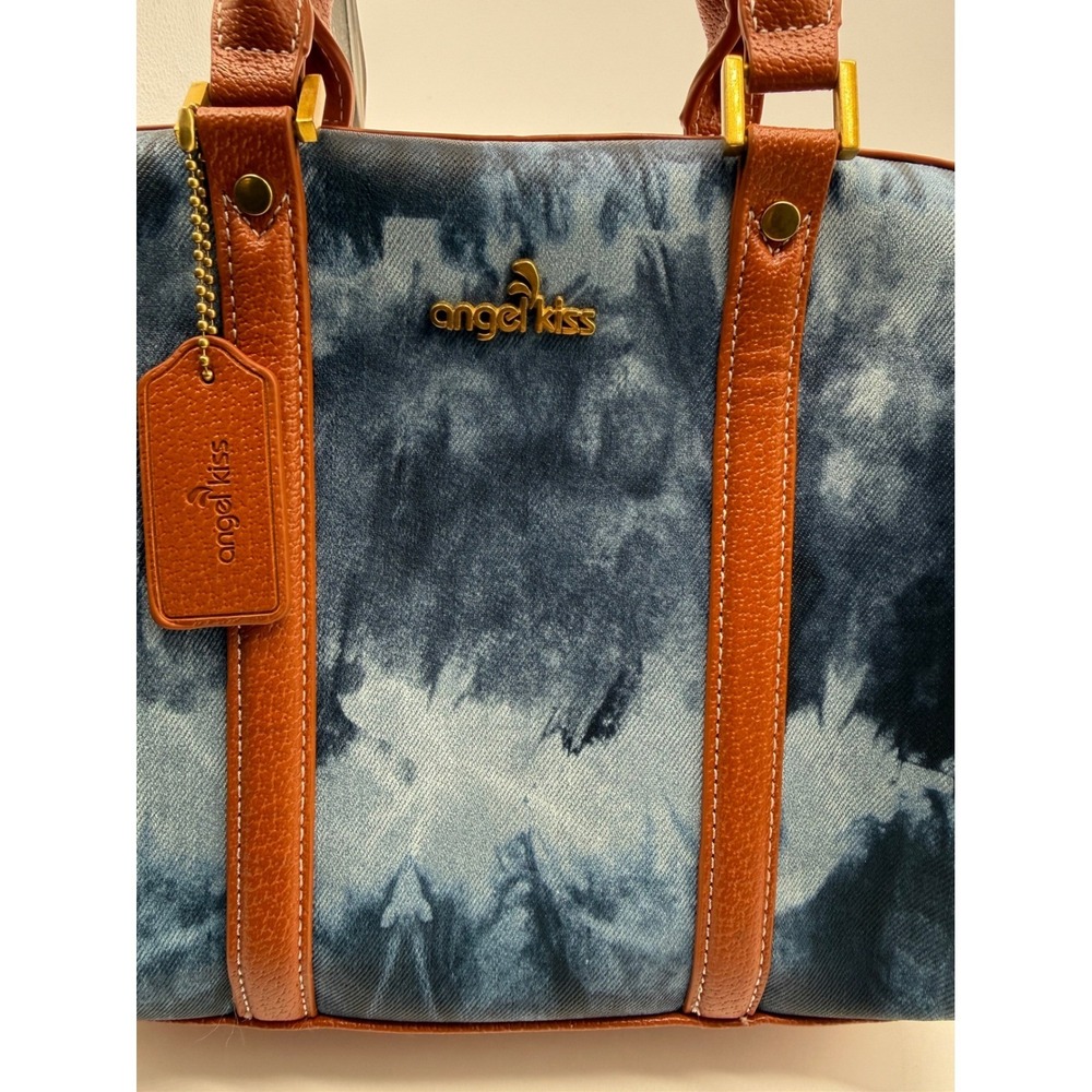 Angel Kiss Satchel Handbag Blue Tie Dye Denim Print Cognac Brown Trim Gold Tone - Picture 13 of 13